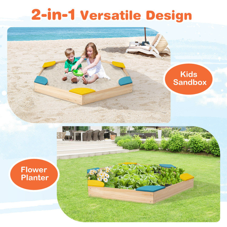 <strong>Versatile 2-in-1 Design:</strong> Easy to assemble with clear instructions and all necessary accessories included, our sandbox offers a hassle-free setup. As your child grows, transform the sandbox into a charming plant bed, fostering their love for nature and gardening. Enhance your outdoor space with vibrant flowers or lush greenery, adding a touch of beauty to your home.