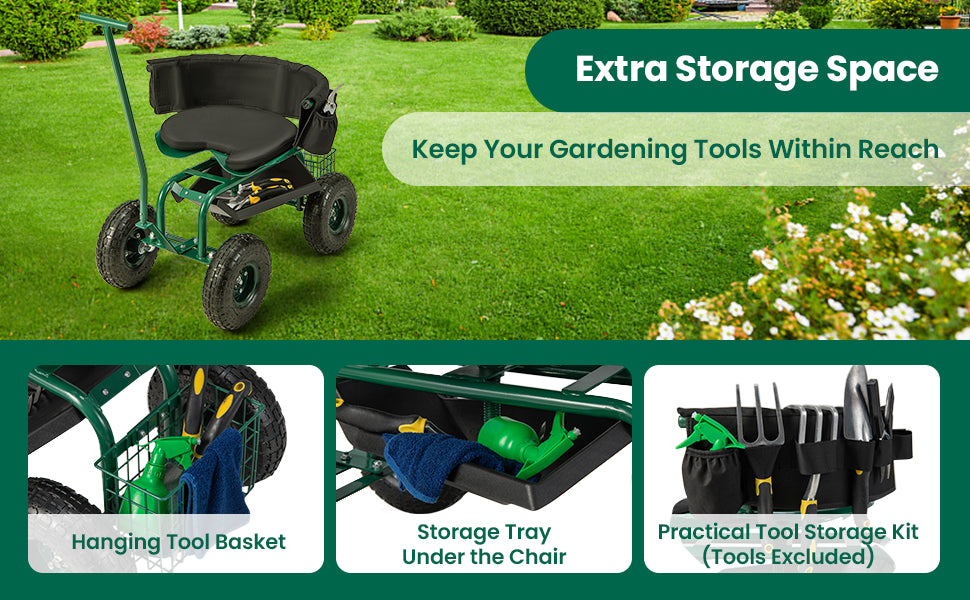 <strong>Ample Storage Space:</strong> Equipped with a bottom tool tray and back storage basket, the rolling garden cart will keep your gardening tools within easy reach. Besides, the backrest with storage partitions will allow you to store your shovels and scissors in an orderly manner to improve your work efficiency.