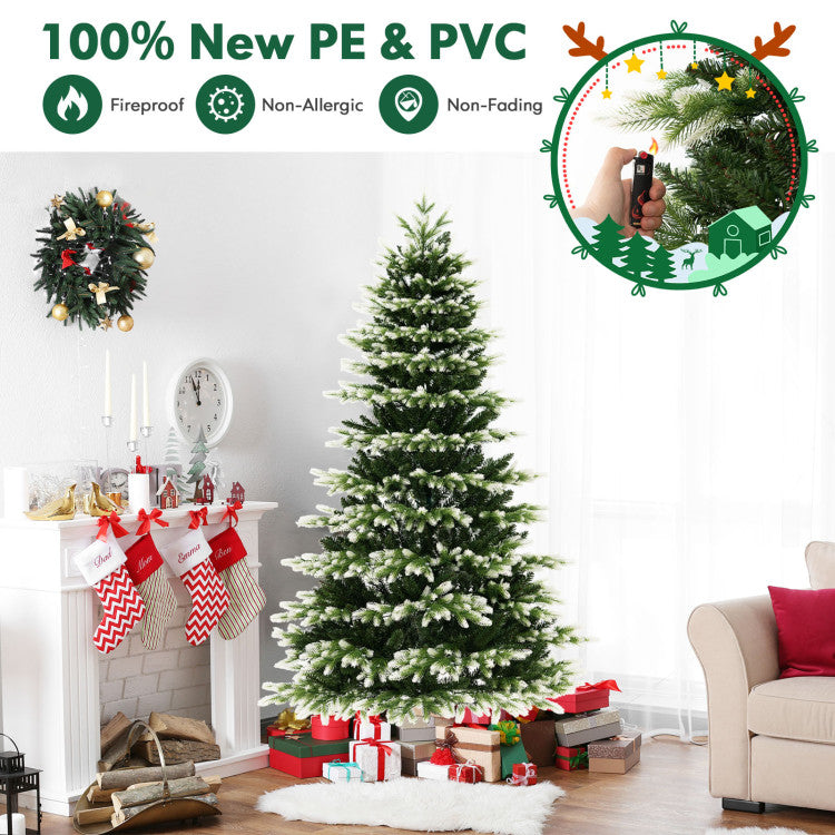 Luxurious Snow-Kissed Foliage: This 6/7 ft Christmas tree is a visual masterpiece, bursting with lifelike vibrancy courtesy of its impressive 1801/2489 branch tips. A closer look reveals a delightful transformation from green to snowy white, akin to an enchanting winter wonderland. Crafted from 100% new PE and PVC, it flaunts unmatched resilience against fire, allergies, and fading, ensuring enduring beauty.