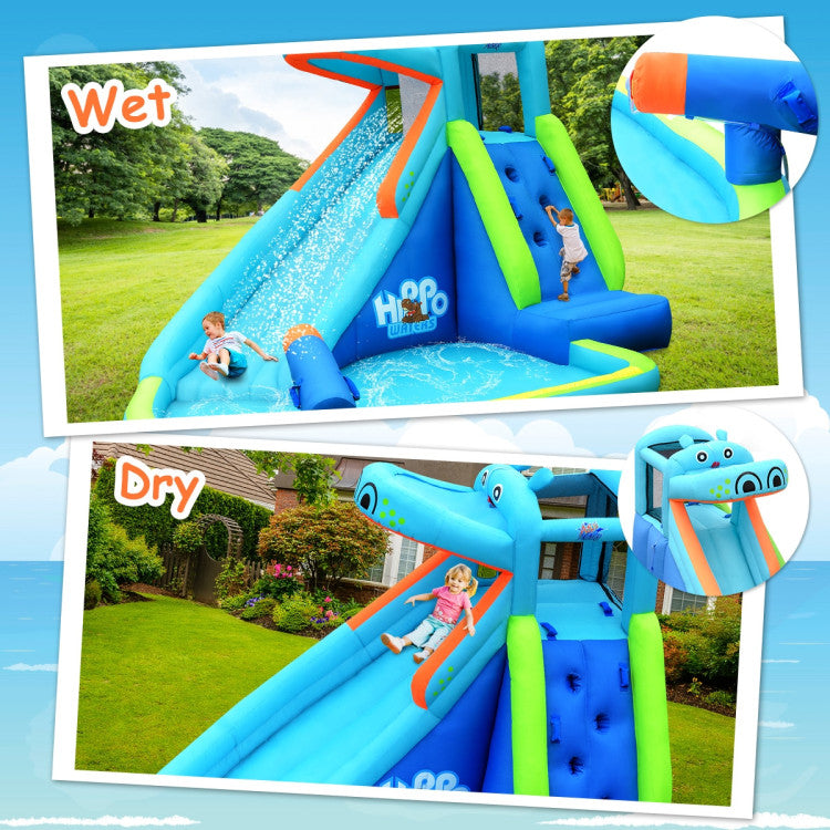 Versatile Water Play: Dive into endless fun with this hippo-themed water bouncer. It boasts an array of features including a smooth curved water slide, a challenging climbing wall, and a spacious splash pool equipped with a refreshing water cannon. Plus, the built-in sprayers ensure the slides stay delightfully slippery.