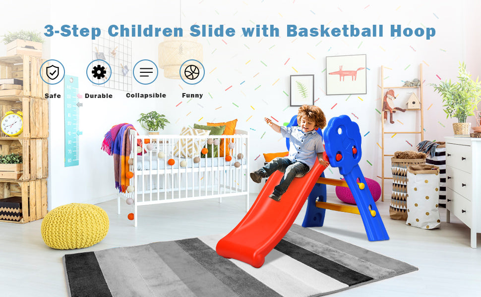 With our 3-step children slide, your little champion can enjoy a lot of fun. They can climb, dunk, slide, kick and crawl with this indoor & outdoor climber! Don't worry that your child will be hurt. Its structure is very strong and will never fall or rupture when playing. In addition, the materials we use are non-toxic and safe and will not harm the health of children.