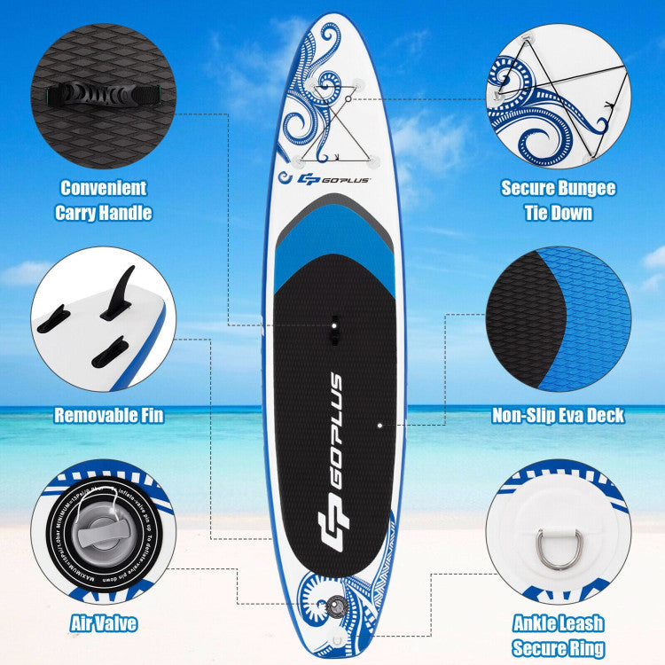 Effortless Paddling Control: Three bottom panel fins greatly enhance speed, handling, and maneuverability, ensuring easy operation and control. The front deck features bungee cords for securing your backpack and other essentials. A safety leash is included, attaching to your ankle to prevent drift.