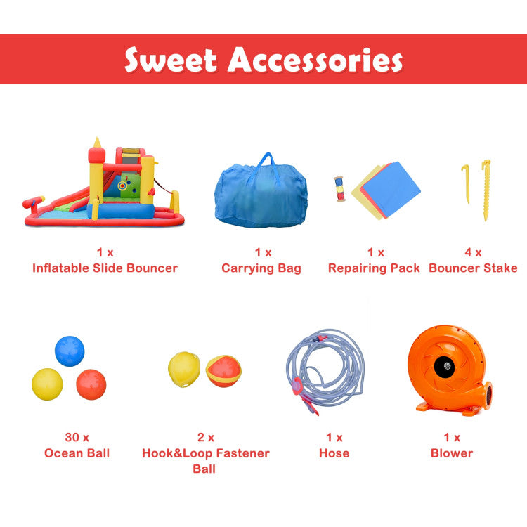 Complete Accessory Package: This water park comes with 4 ground stakes and 4 blower stakes to secure its stability during play. The included repair kit makes maintenance effortless, while the provided carry bag facilitates easy storage and transport. Plus, 30 ocean balls and 2 Velcro balls amplify the fun factor.