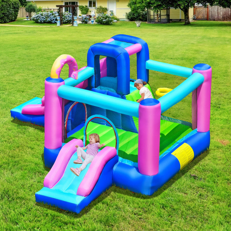 5-in-1 Ultimate Playtime Adventure: Elevate the excitement with this inflatable bounce house featuring dual slides, a climbing wall, a spacious jumping zone, and a basketball hoop. This versatile setup ensures non-stop amusement for kids, igniting their joy with its vibrant colors and engaging design.