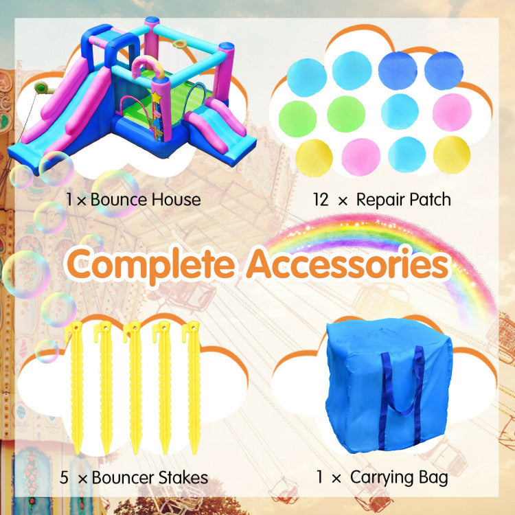 All-Inclusive Package: Unleash the fun right away with the complete accessory set and easy-to-follow instructions. Enjoy the convenience of a carry bag for transportation, 5 stakes for steadfast stability, and 12 repair patches for seamless maintenance. Elevate playtime with this dynamic inflatable bounce castle!
