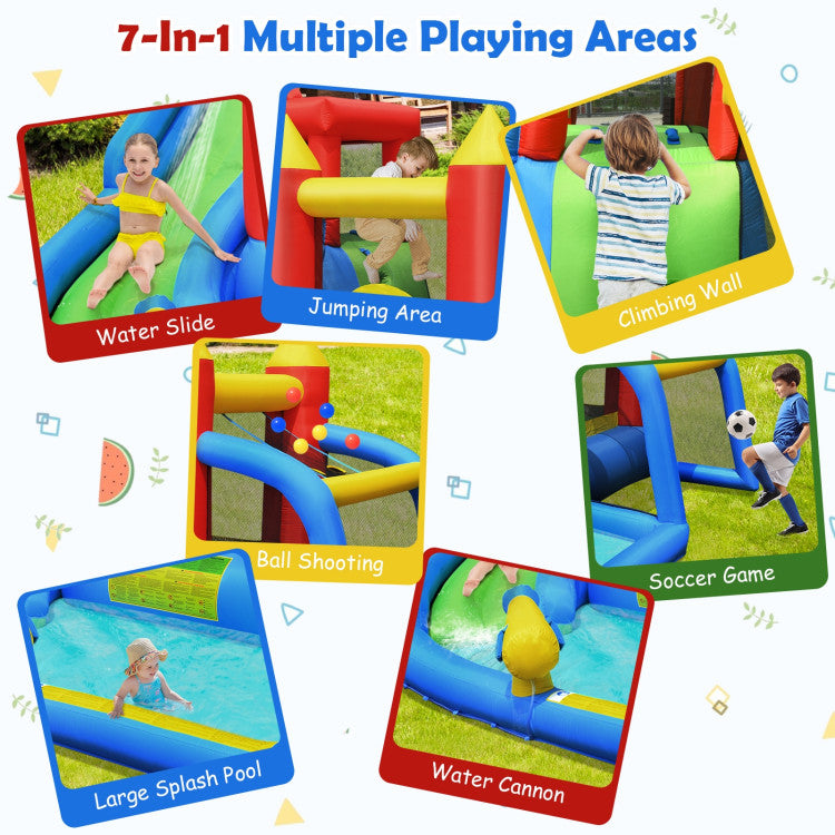 6-in-1 Inflatable Fun: Our inflatable bounce castle is the ultimate playtime destination! It features a slide, jumping area, climbing wall, splash pool, water cannon, football goal, and a ball shooting area. Your kids will have a blast with endless fun and even enhance their physical and cognitive development while playing with friends.