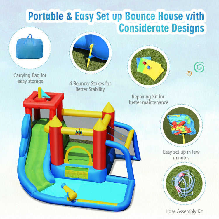 Quick Setup and Storage: The inflatable castle is easy to set up and can be quickly deflated for convenient storage. Inflated dimensions: 11.4ft (L) x 10.3ft (W) x 8ft (H).