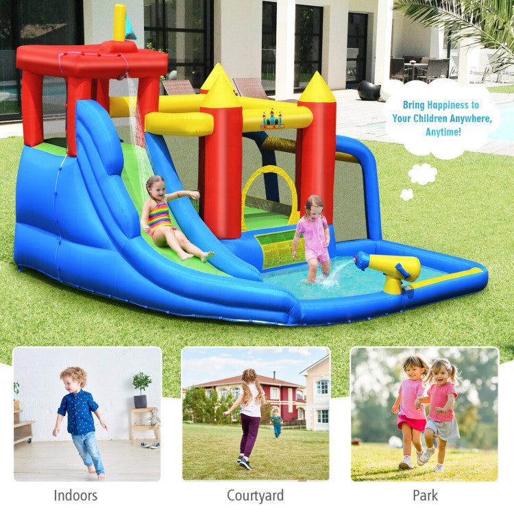 Large Play Space for 4 Kids: This inflatable castle can accommodate up to 4 children simultaneously, making it perfect for playdates and parties. For safety, we recommend a maximum weight limit of 100 lbs per child and a height range of 3' to 5'. The bouncer has a total weight capacity of 300 lbs.