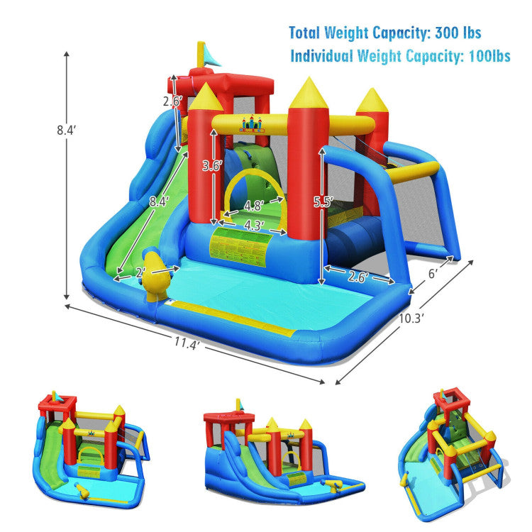 7-in-1 Ultimate Fun: This inflatable bounce castle offers endless entertainment with its 6-in-1 design. It features a slide, a bounce area, a climbing wall, a spacious splash pool, a water cannon, a soccer goal, and a ball shooting zone. Kids can enjoy a variety of activities while enhancing their physical and mental development.