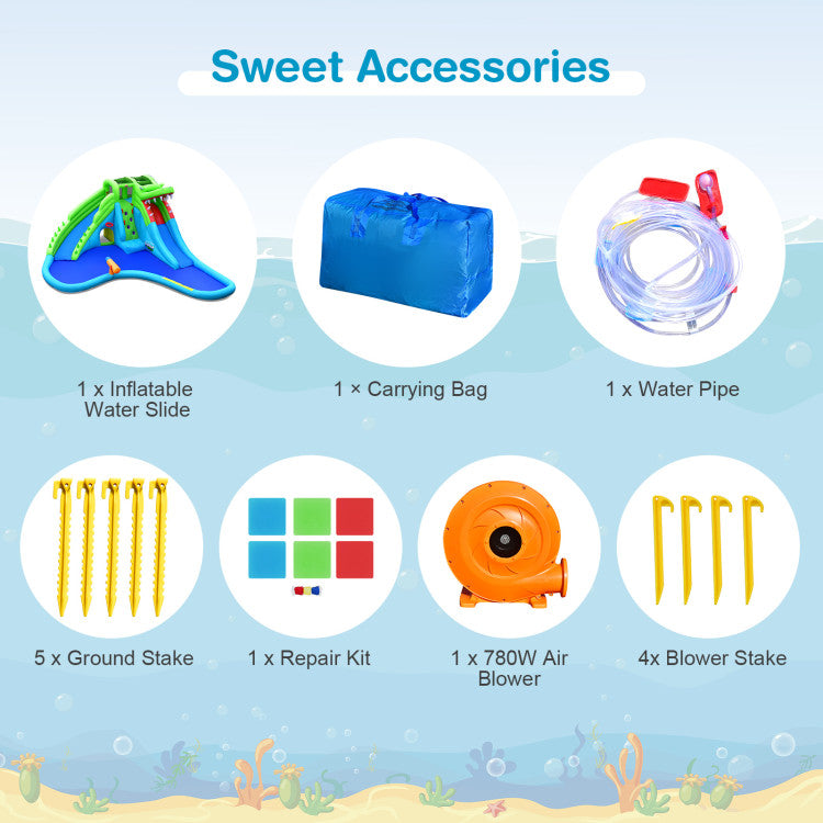Complete Accessories Package: Everything you need is in the box! You'll find all the necessary accessories, along with step-by-step instructions. Plus, there are six repair patches for easy maintenance, five ground stakes, four blower stakes for stability, a water hose, and a 780W blower for added convenience. Get ready for endless water fun!