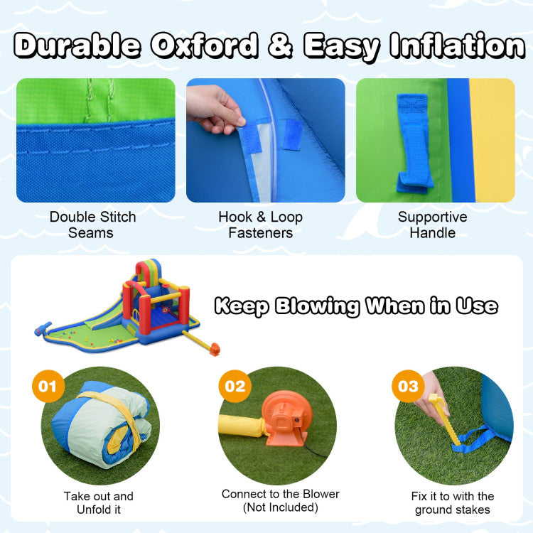 Safety First, Fun Always: Crafted from puncture-resistant 420D Oxford fabric coated with PVC, this inflatable water slide is built to withstand endless play. The trampoline is encased in a safety net to protect your little ones. Rest easy knowing it's ASTM-certified.
