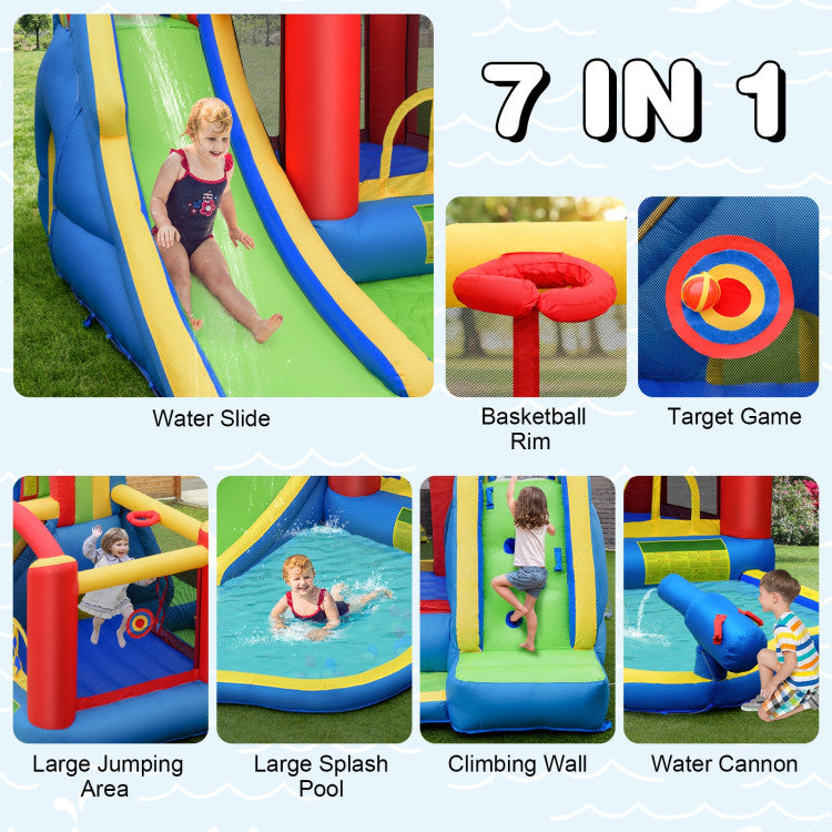 Endless Fun Combo: This inflatable bounce house is the ultimate playground, featuring a trampoline, slide, tunnel, dart game, shooting area, climbing wall, and splash pool. It's a non-stop adventure for your kids. Plus, the top-mounted water cannon and sprayer keep everything cool and wet.