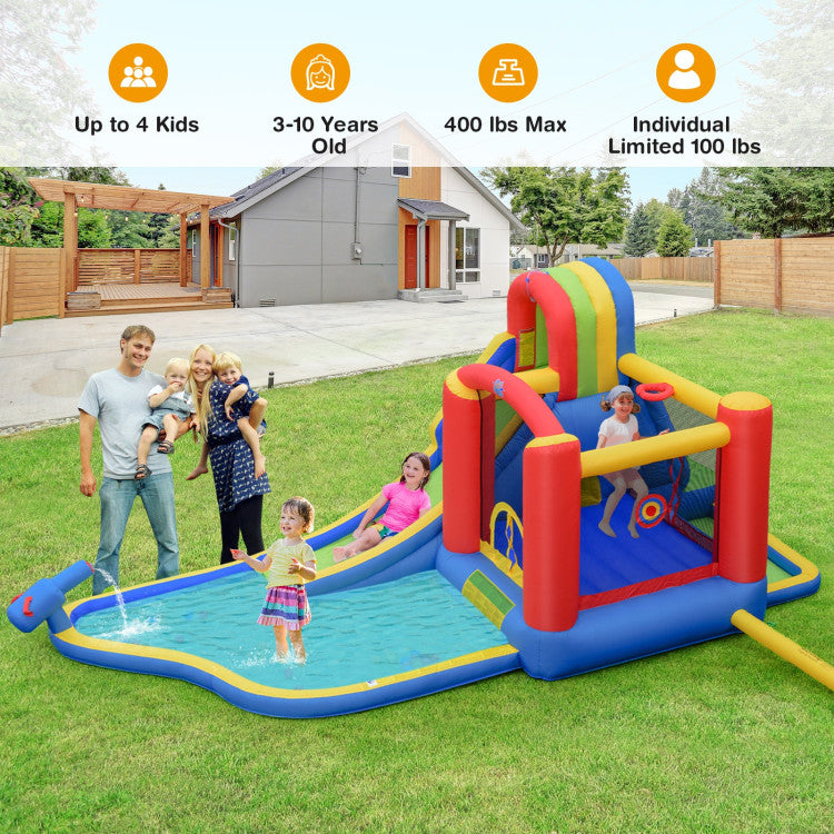 Mega Playtime for 4 Kids: This inflatable castle can host up to 4 children simultaneously. For safety, we recommend kids between 3 and 5 feet tall and under 100 lbs. The total weight capacity of this inflatable wonderland is a whopping 400 lbs.