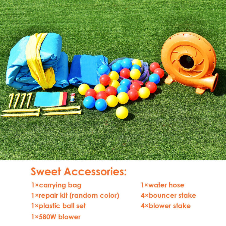 Complete Set of Accessories: To enhance your experience, we've included essential accessories. Enjoy a plastic ball set and hose for added entertainment, a convenient carrying bag for storage and transport, 4 blower stakes, 5 bouncer stakes for enhanced safety, and a repair kit (random color) for easy maintenance.