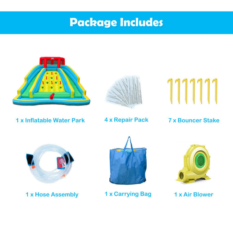 Complete Accessories for Convenience: Your purchase includes 7 sturdy ground stakes to secure the water park in place, ensuring stability during playtime. Additionally, 4 repair patches are included for easy maintenance, and a convenient carrying bag enables effortless storage and transport.
