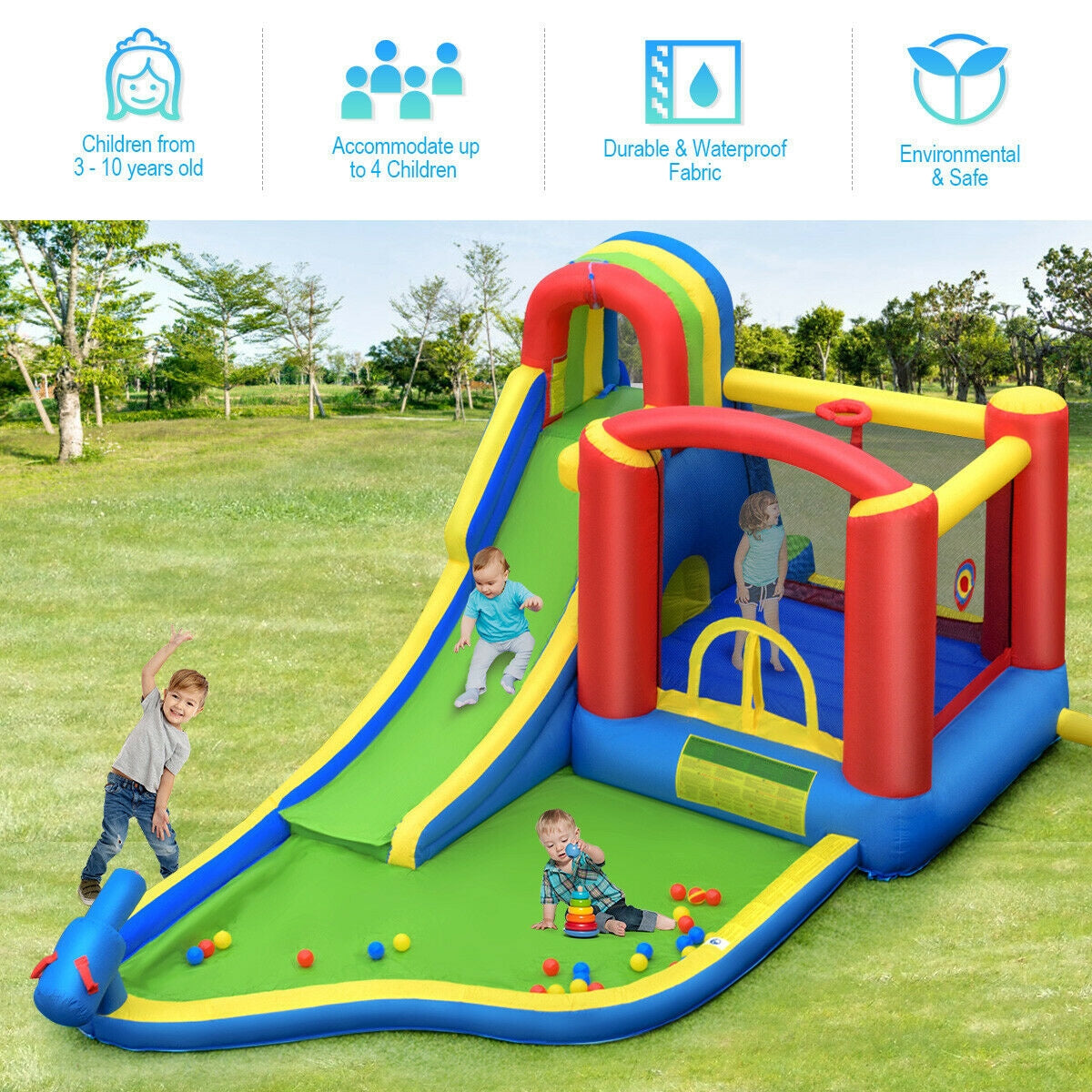 Exciting Party Experience for Up to 4 Children: With its spacious design, this inflatable castle can accommodate up to 4 children playing simultaneously. For safety reasons, we recommend that children playing on the bounce house should weigh less than 100 lbs and be within the height range of 3' to 5'. The total weight capacity of the inflatable bouncer is 400 lbs.