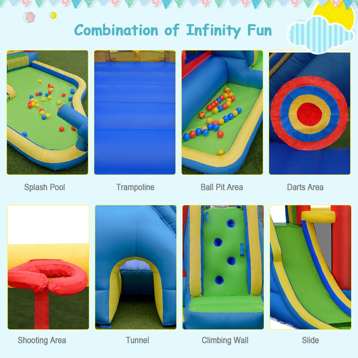 9-in-1 Design for Endless Fun: This inflatable bounce house offers a versatile 9-in-1 design, featuring a trampoline, long slide, climbing wall, water cannon, large splashing pool, tunnel, dart game, basketball hoop, and ball playing area. Your children can enjoy a variety of activities and have endless fun.