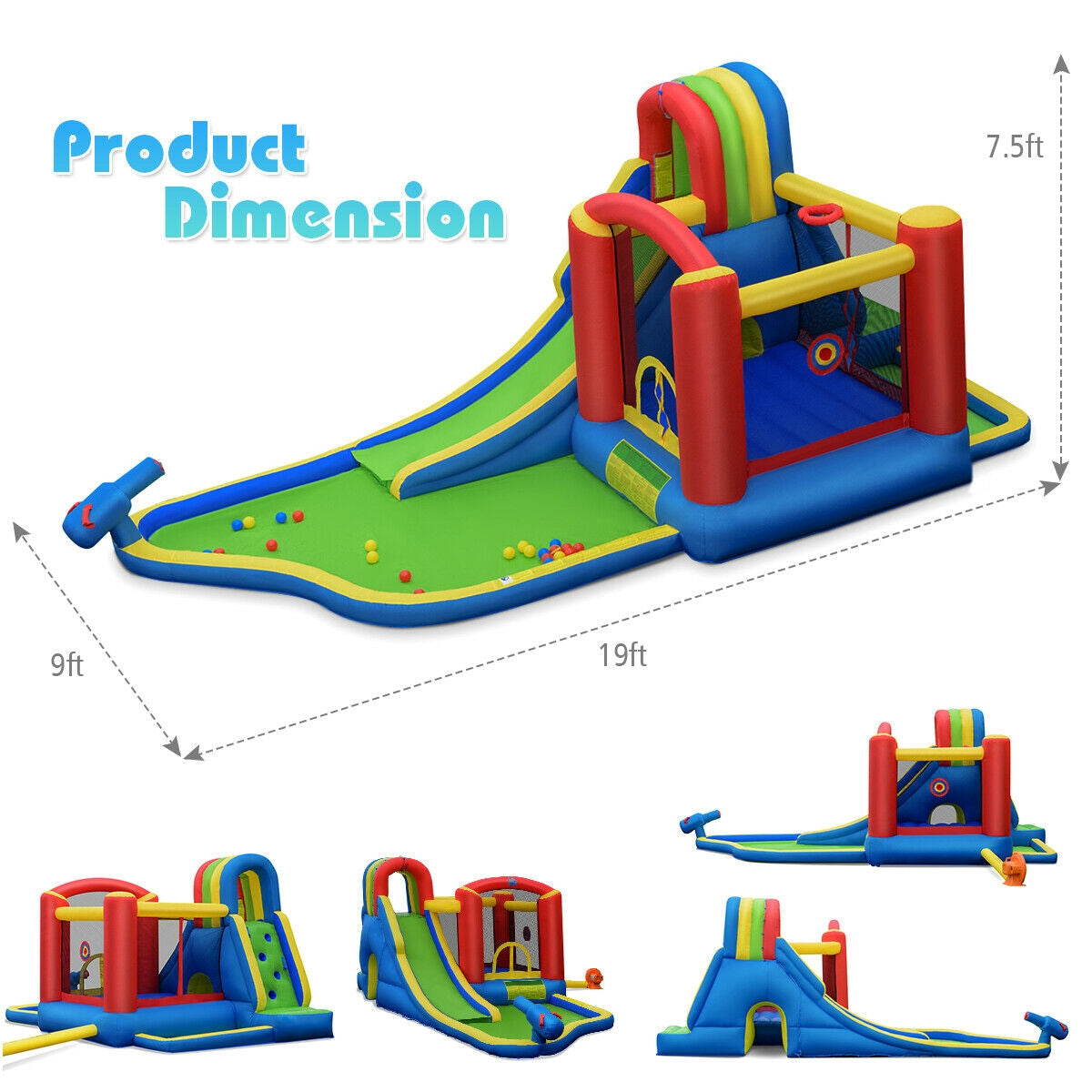 Detailed Product Information: When fully inflated, the bounce house measures 19 ft (L) x 9 ft (D) x 7.5 ft (H). It comes with a 740W air blower, a hose, a repair kit, a carrying bag, 2 Velcro balls, 30 ball pits, and 7 stakes. The recommended age for children to enjoy this bounce house is between 3 to 10 years old.