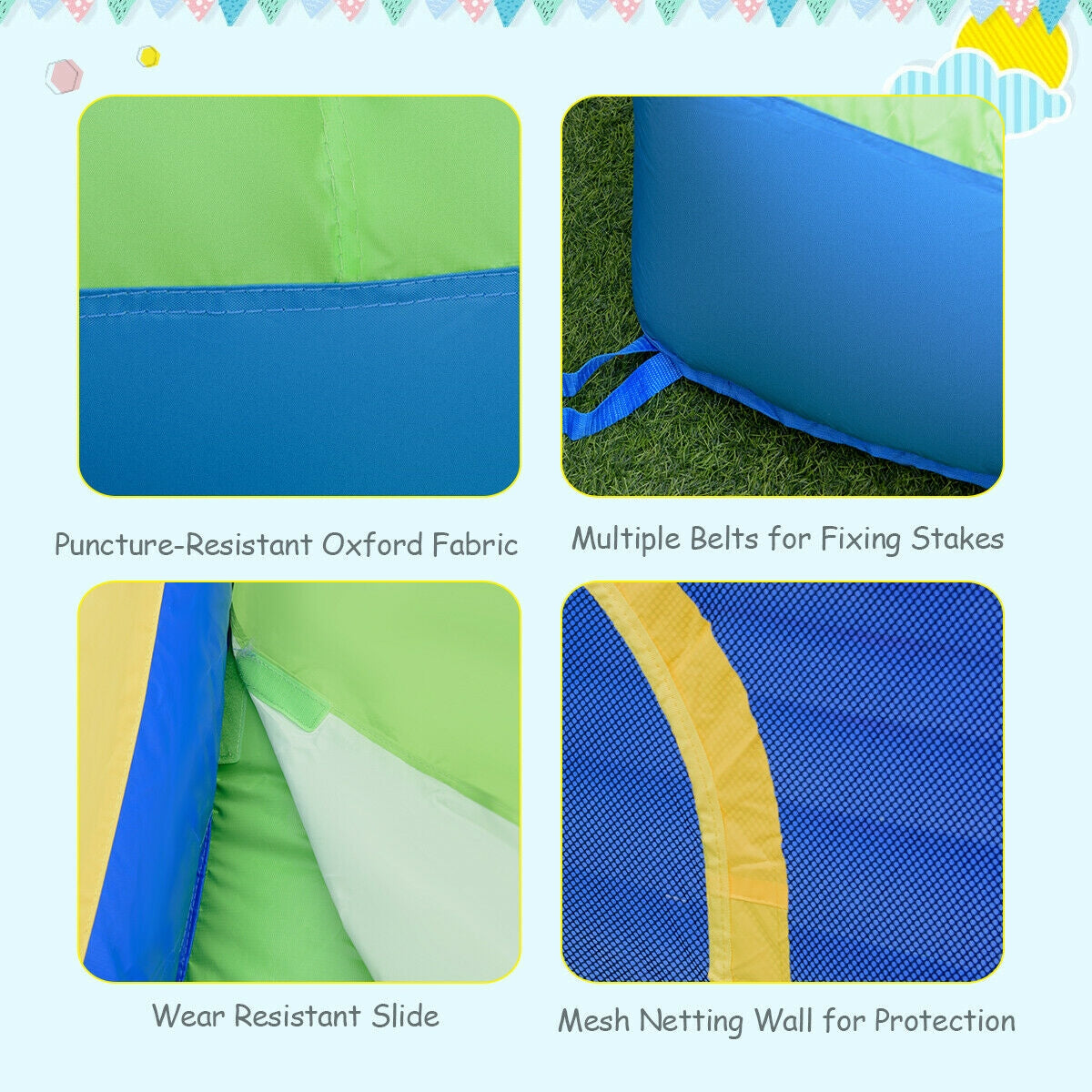 420D Oxford Fabric with PVC Coating: The inflatable bounce house is constructed with durable 420D Oxford fabric coated with PVC, providing excellent puncture resistance, strength, and toughness.
