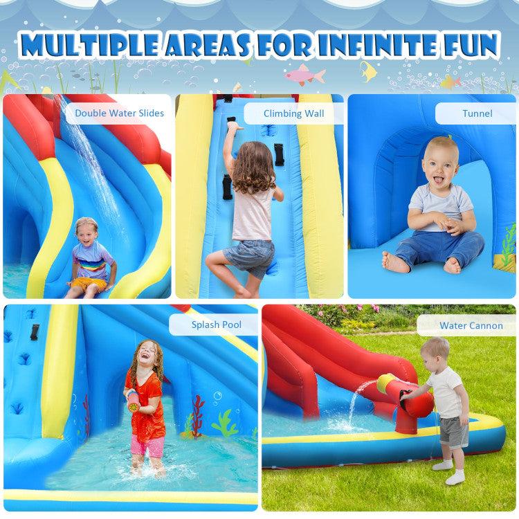 Ultimate Fun Adventure: Dive into endless excitement with our inflatable water park featuring not one, but two thrilling water slides, dual splash pools, twin water cannons, a challenging climbing wall, and a convenient tunnel. Your kids will be entertained for hours!