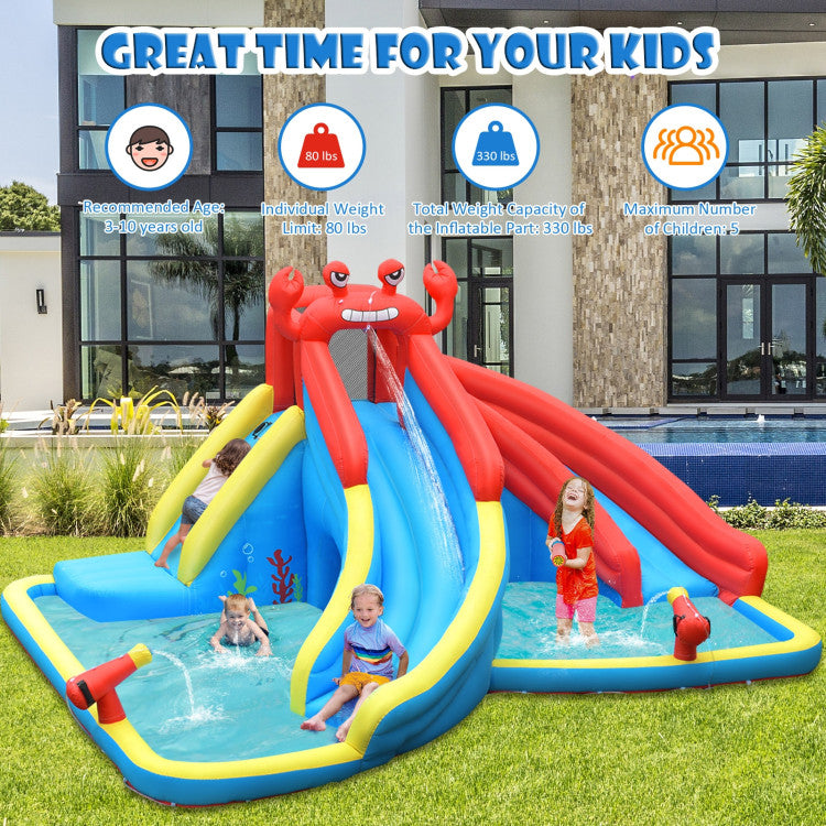Effortless Setup and Storage: Say goodbye to long wait times! Our inflatable water park can be fully inflated in just minutes. When playtime is over, it deflates quickly through the extended air outlet, folding neatly into a compact carry bag for on-the-go convenience. (Recommended 950W air blower, not included.) ASTM Certified.