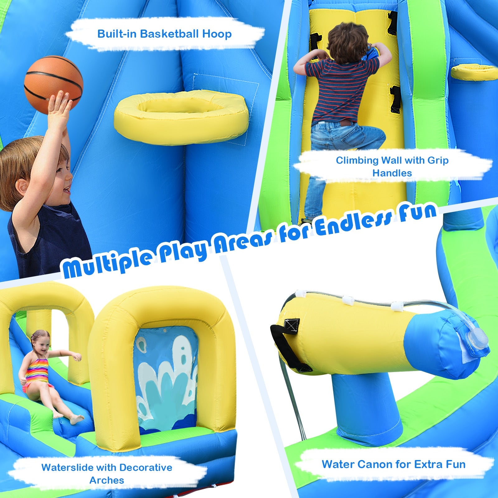 Multiple Play Zones: This inflatable water park offers a range of exciting activities, including a water slide, a spacious splash pool, a climbing wall, and two water cannons. Children can have endless fun in various play areas, while the vibrant colors and unique shapes add to the attraction and engagement.