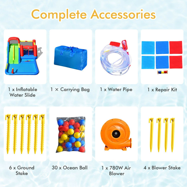 Sweet Accessories: All required accessories and detailed instructions are included in the package. A pack of repairing accessories (6 repair patches) for easy maintenance. 6 ground stakes and 4 blower stakes for stable placement. A water pipe for extra convenience. 30 ocean balls for hours of entertainment. A carrying bag for easy transportation.