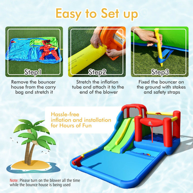 Quick Inflation & Hassle-free Storage: The water park can be set up by an air blower (not included, recommend 780W blower) and takedown in a few minutes. You can store this compact bouncer in a carrying bag after you deflate it. It is ideal for a variety of places, such as backyards, parks, and living rooms.