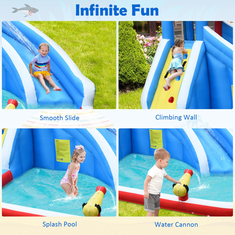 All-in-One Fun: This inflatable bounce house is a complete playground for kids, featuring a water slide, splash pool, climbing wall, and a water cannon. It offers a wide range of activities to keep kids entertained and ensure they have a blast, making for unforgettable childhood memories.