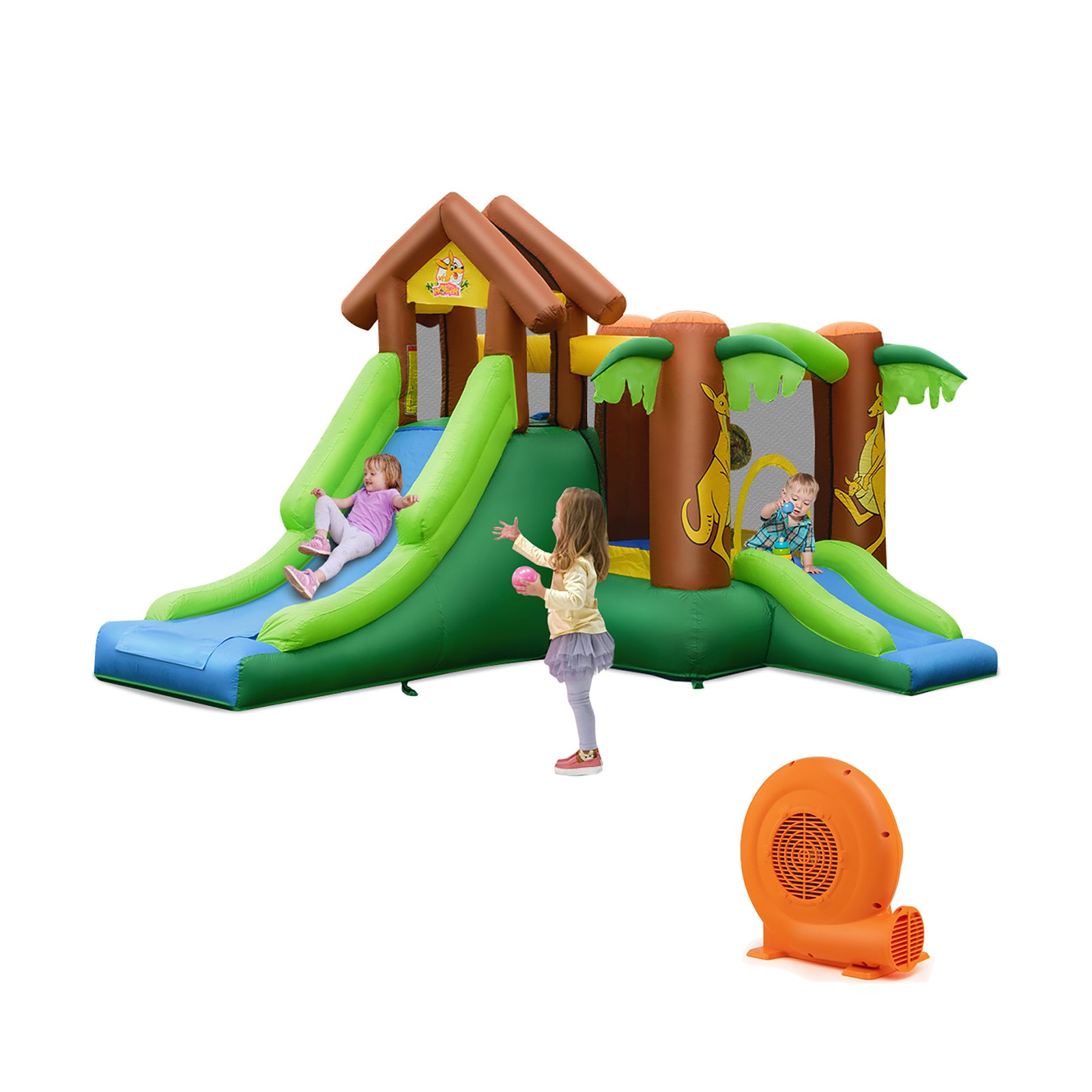 Quick Inflation and Deflation: Equipped with a 750W UL certified air blower, our inflatable jumping castle can be inflated within minutes and easily deflated through a long air outlet tube. Additionally, it can be folded into a compact size for effortless storage.