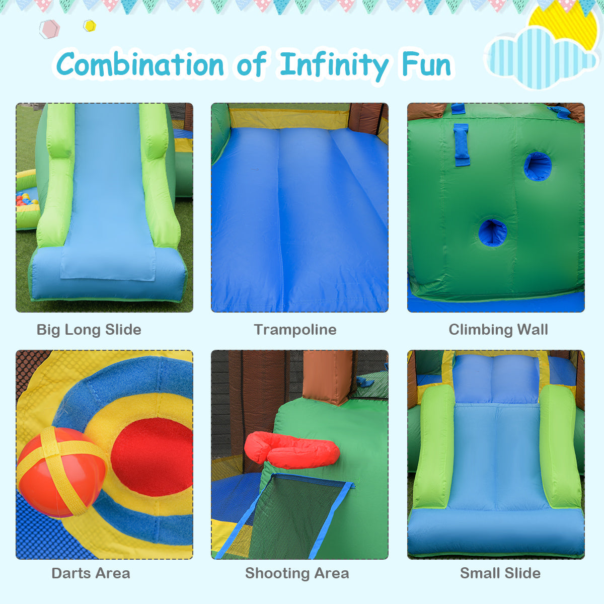 Infinite Fun Combination: Experience endless excitement with our inflatable bounce house featuring a built-in trampoline, 2 slides, a climbing wall, a shooting area, and a dart area. Your children will have a blast with the variety of activities it offers, making it suitable for both indoor and outdoor play, no matter the season.