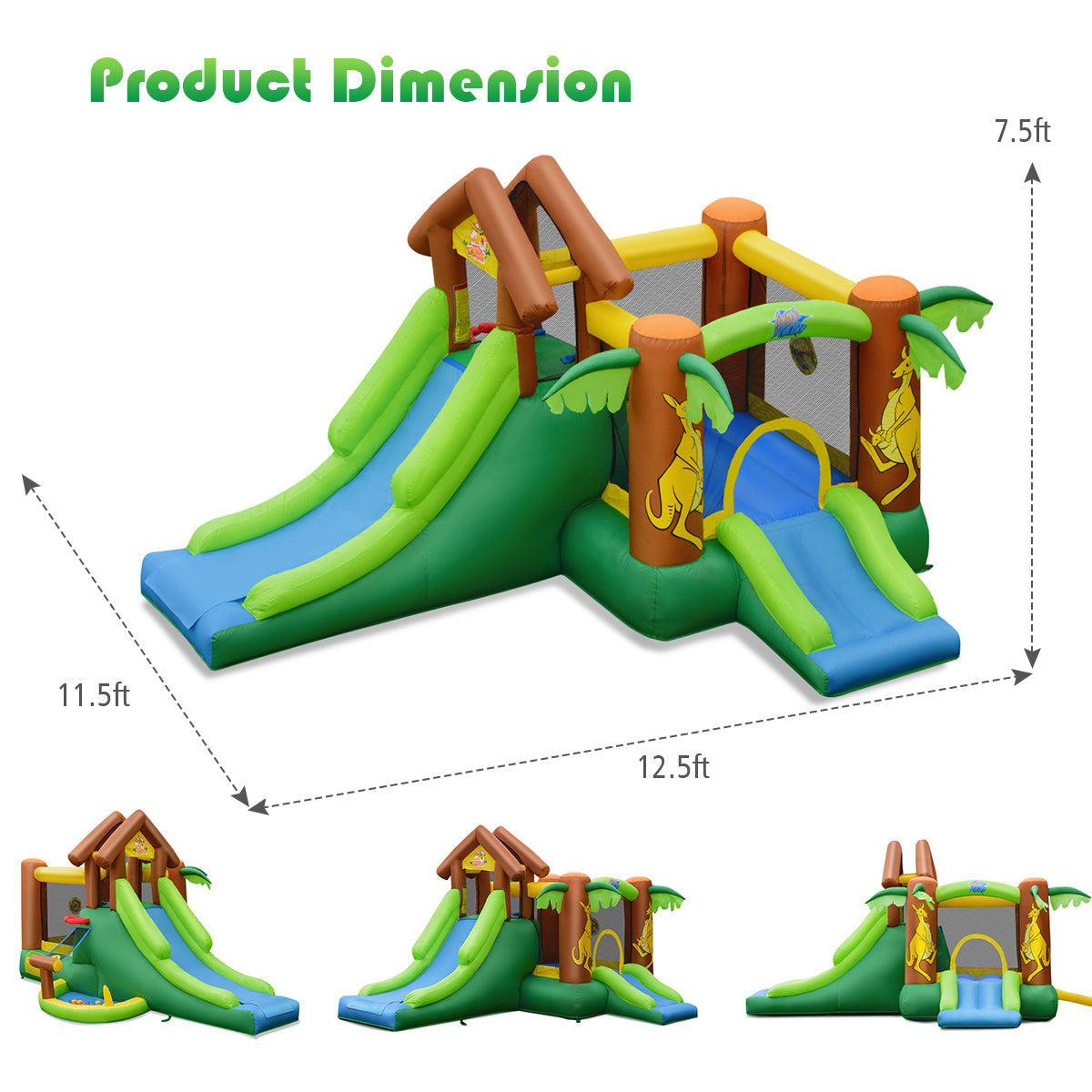 Detailed Product Information: Once inflated, the bounce house measures 12.5 ft (L) x 11.5 ft (D) x 7.5 ft (H). It comes with a 750W air blower, a repair kit, a convenient carrying bag, 2 Velcro balls, 30 ball pits, 5 bouncer stakes, and 2 air blower stakes. Recommended for children aged 3 to 10 years old.
