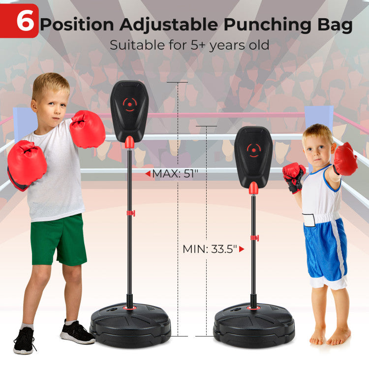 Height Adjustment: With our 6-position adjustable punching bag, specially crafted for kids aged 5 and above. The innovative flexible tube adjustment design ensures that this boxing set grows seamlessly with your child, adapting to their height as they develop.