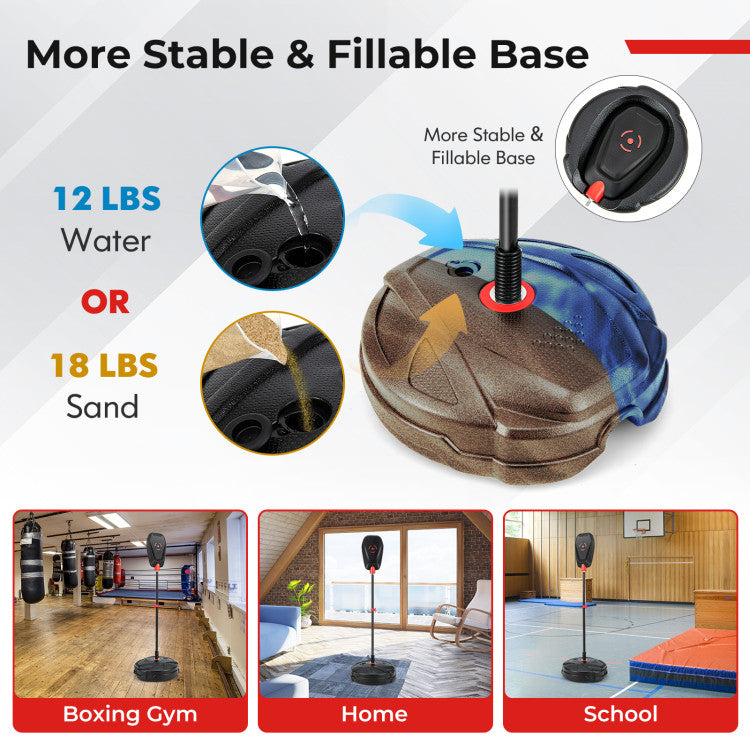 Design for Stability: Built to endure, our boxing set boasts a sturdy metal tube construction, guaranteeing a long service life without compromise. The loadable base, accommodating 12 lbs of water or 18 lbs of sand, ensures unmatched stability, providing a secure platform for your little boxer's energetic moves.