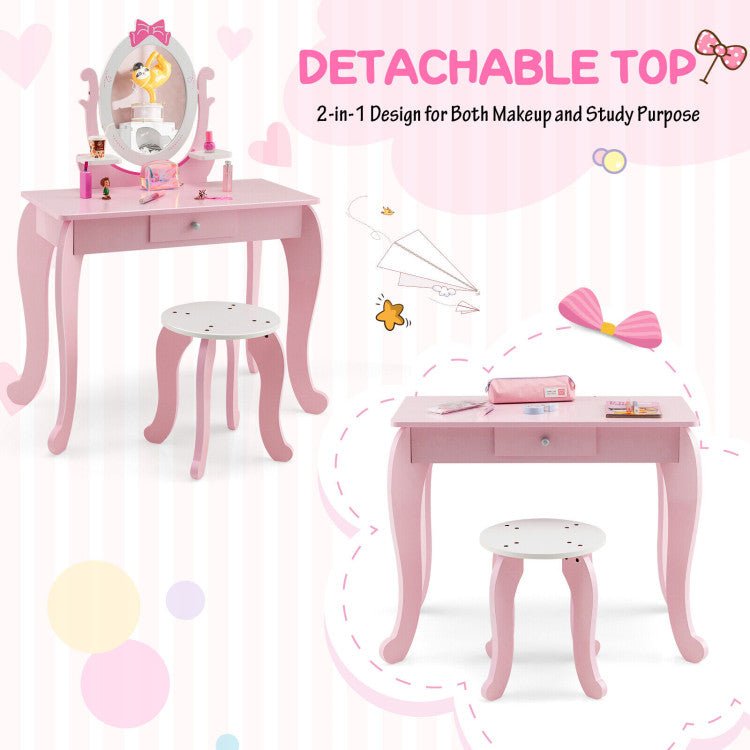 Versatile 2-in-1 Kids' Vanity Set: Unleash creativity with our dual-purpose vanity table and chair set! Transform it from a makeup haven with a clear mirror to a functional writing desk by removing the top. Perfect for kids aged 3 to 7 for a charming and practical addition to their room.