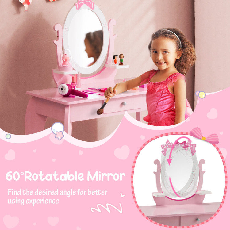Child-Safe Design and Details: Prioritize safety with our kids' vanity set! Smooth rounded corners, stable curved legs, and a reinforced structure ensure a secure environment. The 360° rotatable mirror provides the perfect angle for a delightful and secure user experience. ASTM and CPSIA certified for added peace of mind.