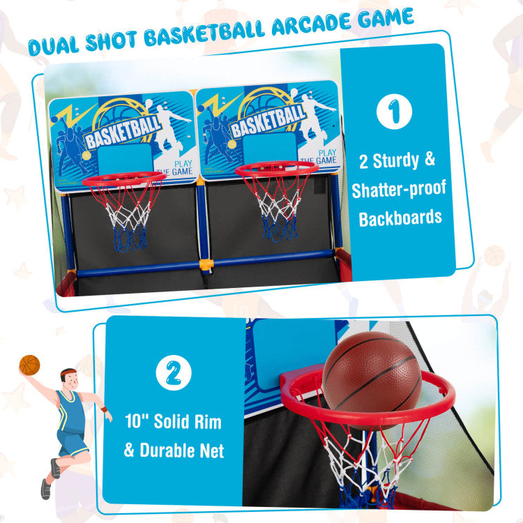 Dynamic Dual Shooting: Featuring two backboards with rims and nets, our indoor basketball game facilitates solo practice or thrilling competitions between friends. Dimensions: 35.5" x 35.5" x 55"/90 cm x 90 cm x 140 cm (L x W x H).