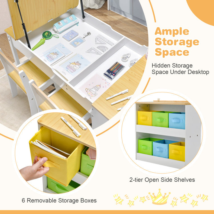Ample Storage: Enjoy organized creativity with partitioned storage space for art supplies and six colorful bins for miscellaneous items. Keep everything in place for a clutter-free artistic experience.