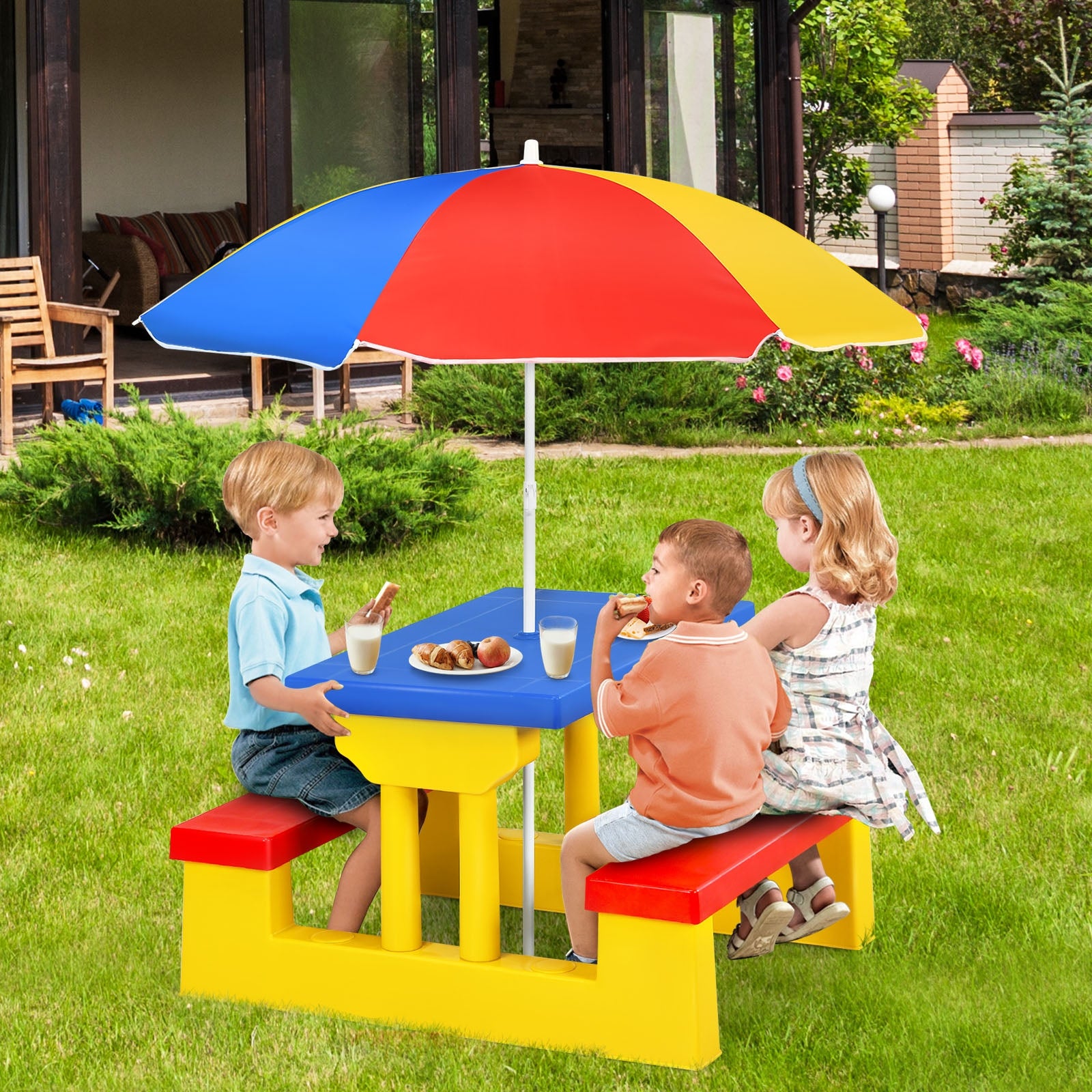 Colorful Exterior and Perfect Size for Kids: With its vibrant and colorful exterior, spacious desktop, and two benches with four seats, this picnic table is perfectly sized for kids. Each bench can support up to 110 pounds, making it suitable for small groups of children. It offers an ideal setting for creating joyful memories and fostering social interaction among kids and their friends.