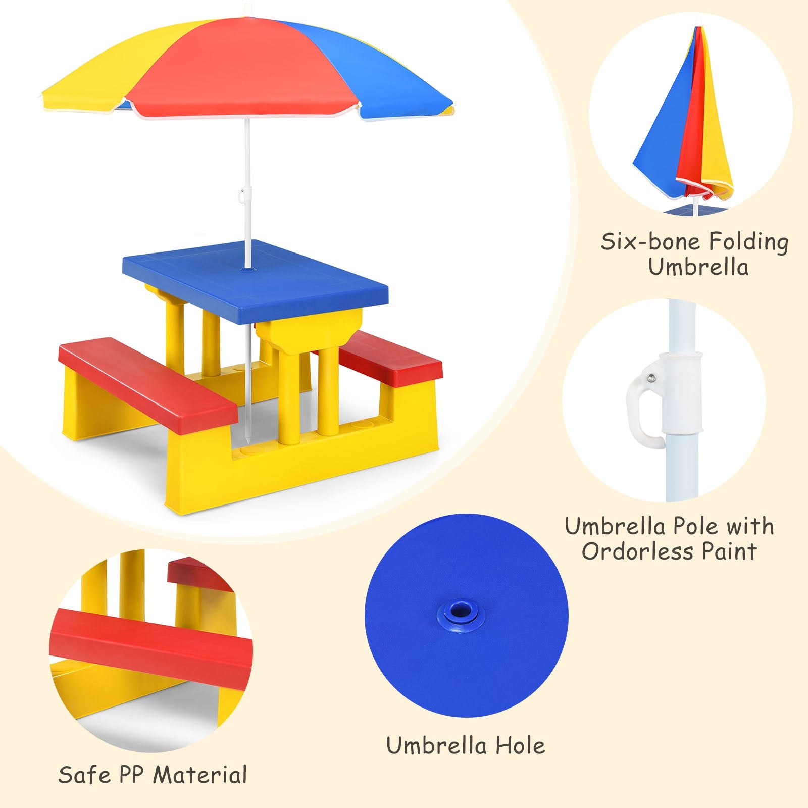 Safe and Sturdy Construction: Crafted from high-quality, non-toxic PP material, this picnic table ensures safety for kids and boasts a sturdy construction with excellent weight capacity. The accompanying umbrella is constructed from durable 170T nylon, ensuring long-lasting use.