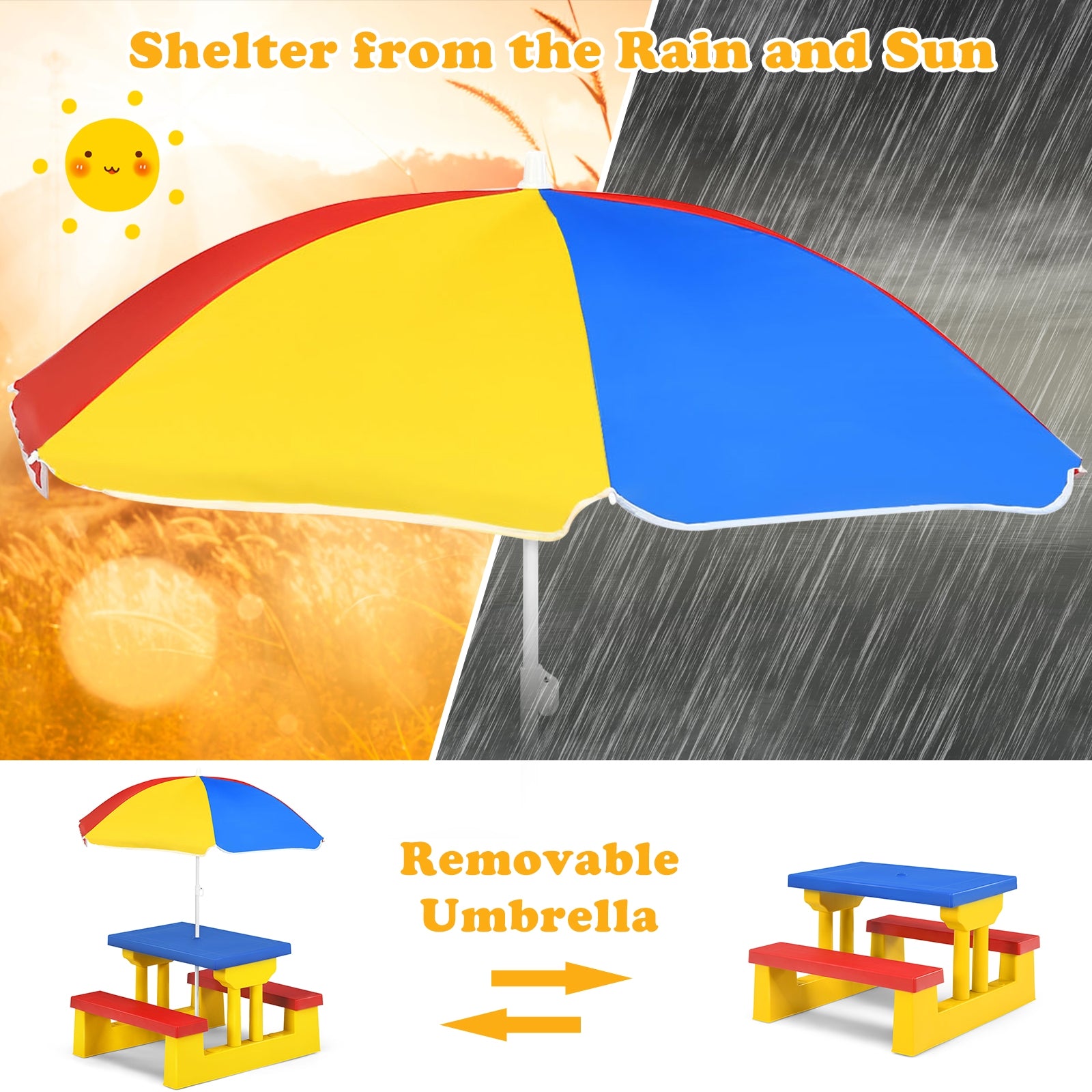 Removable Folding Umbrella Canopy:  Providing protection from rain and harmful UV rays when used outdoors. When the umbrella is removed, the table can be conveniently moved indoors, serving as a workspace for activities such as art, crafts, and games.