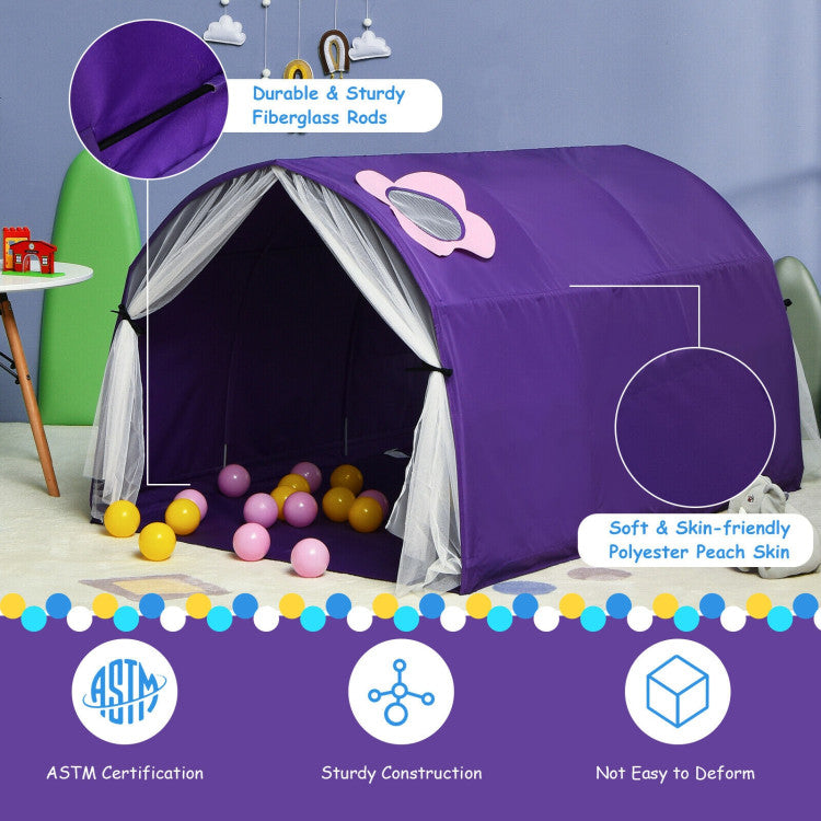 Premium Materials and Stable Structure: Crafted from soft and skin-friendly peach skin fabric, this ASTM-certified play tent is odor-free and safe for children. The smooth surface is a breeze to clean and maintain. Unlike metal frames, the durable and robust fiberglass poles maintain the tent's shape, enhancing stability and safety.