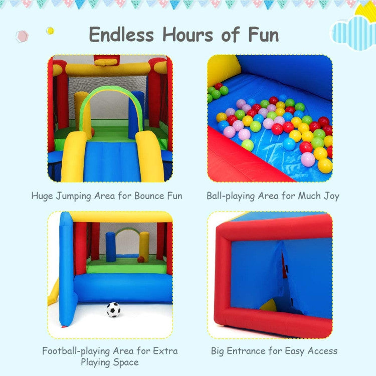 Diverse Play Zones: Our bounce house offers a myriad of play areas, including a swinging jump zone, a smooth gliding slide, a target for darts, a basketball hoop, and a soccer area with 100 ocean balls. Children can engage in a variety of games simultaneously, enjoying endless amusement with their family and pals.