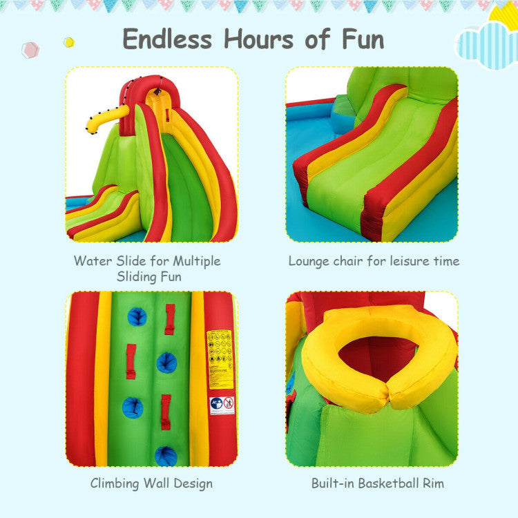 All-inclusive Fun: This inflatable play center offers a multitude of activities to keep kids entertained. It features dual slides, a climbing wall, a splash pool, a basketball hoop, and a comfy lounge area. It's a complete package for endless summer enjoyment.