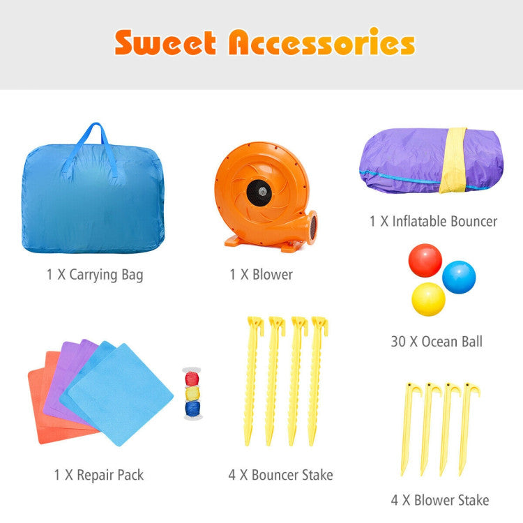 Complete Package for Convenience: Our dragon jumper arrives with a handy carrying bag (random color), 4 repair patches, 4 bouncer stakes, 4 blower stakes, and 30 ocean balls. Maximize enjoyment with a weight capacity of up to 300 lbs (Note: individual kid's weight suggested under 100 lbs).