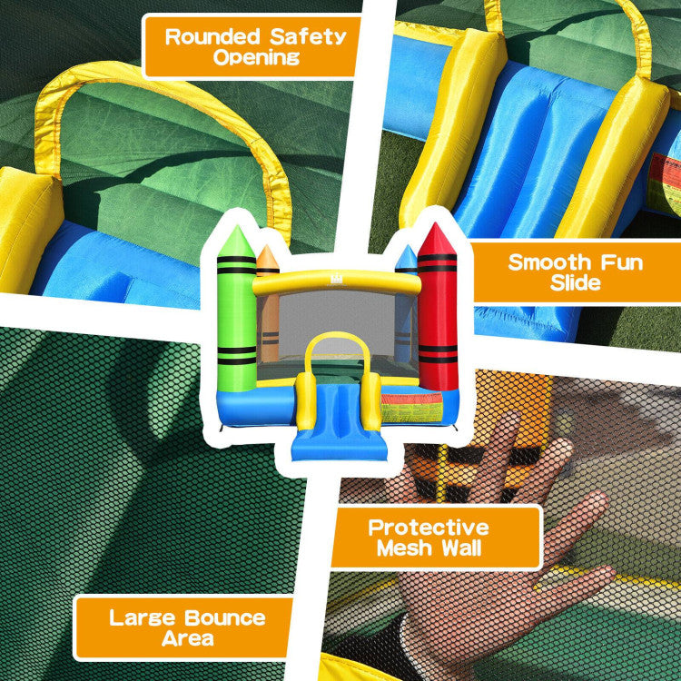 Child-Safe Design: Featuring a circular entrance, kids can enter the castle bouncer easily. The comprehensive mesh wall offers a secure jumping environment. With four included ground stakes, you can secure the castle for added stability.