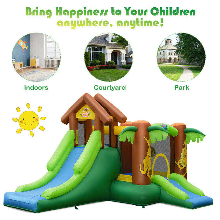Party for Up to 5 Kids: Gather up to 5 children for a fantastic playtime experience. (Note: The castle part can hold up to 3 kids at once.) For safety, kids on the castle should be under 100 lbs and between 3ʹ and 5ʹ tall. The inflatable has a total weight capacity of 300 lbs.