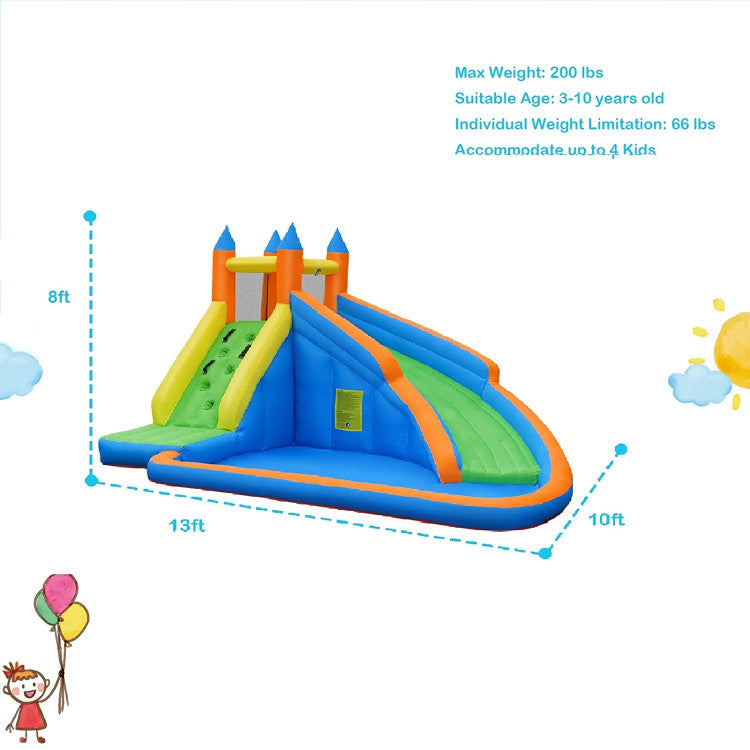 Versatile Inflatable Water Slide: Unleash boundless fun with this inflatable bounce house featuring a water slide, climbing wall, and splash pool. The extended slide fuels kids' physical development, while the climbing wall hones balance skills. This playground accommodates up to 3 children aged 3 to 10, each weighing under 100 lbs.