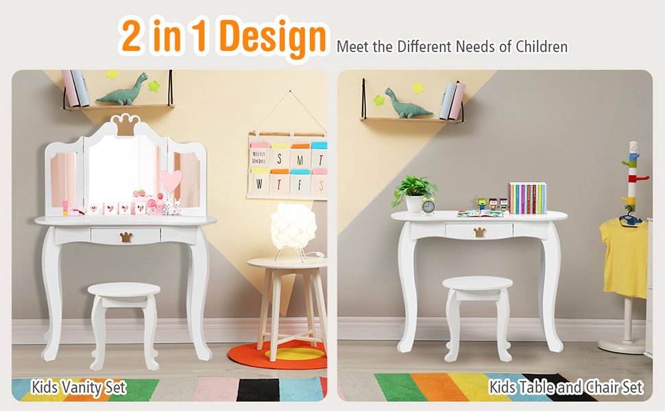 Solid Elegance: Elevate your child's space with our MDF dressing table set, featuring sturdy pine wood legs for stability. Perfect for storing accessories in the functional drawer and providing a charming tri-folding mirror for a princess-inspired makeover. Shop now for a durable style!
