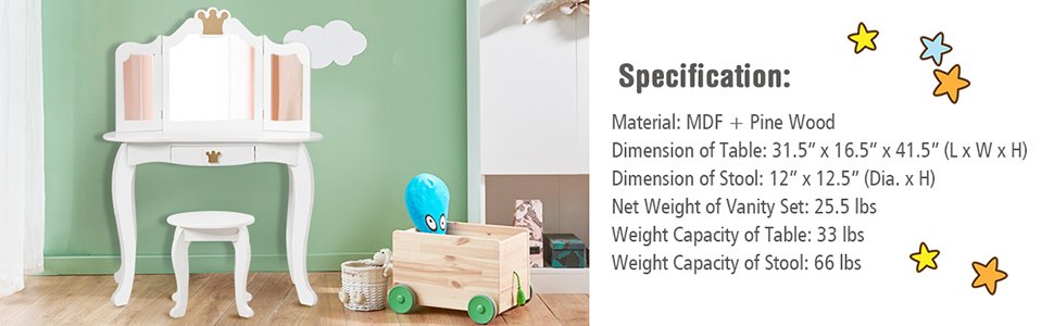 Perfect Gift for Little Girls: Charm and Stability: Create a magical space for your little one with our MDF dressing table set. Solid pine wood legs provide stability, while the tri-folding mirror and functional drawer offer endless play possibilities. Ideal for birthdays or Christmas – make every day a fairy tale!